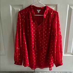 Crown and Ivy Red and Gold Relaxed Tie Front Blouse